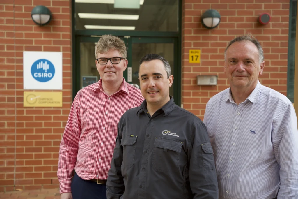 Dr Nick Cutmore, Dr James Tickner and Mr Dirk Treasure after receiving the 2022 Prime Minister’s Prize for Innovation for their work commercialising PhotonAssay™ technology