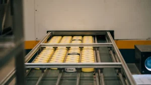 Close-up of labelled sample jars loaded onto a PhotonAssay™ automated conveyor tray