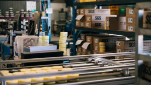 Sample jars and labelled SGS boxes moving along a PhotonAssay™ conveyor system in a commercial assay laboratory