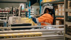 Laboratory technician in orange hi-vis operating a PhotonAssay™ unit alongside a sample conveyor in a commercial assay laboratory