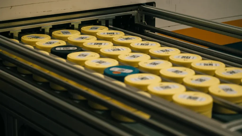 Sample jars on a PhotonAssay™ automated conveyor tray in a commercial assay laboratory