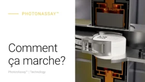 PhotonAssay™ video thumbnail with the French heading "Comment ça marche" beside a render of a sample jar between the detector heads