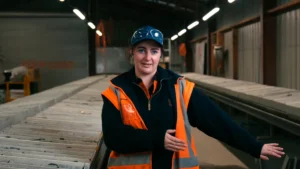 Sophie Fay, Exploration Geologist in an interview in the core shed at OceanaGold's Macraes gold mine
