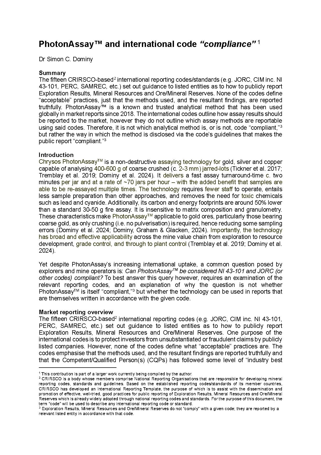 Chrysos PhotonAssay™ and International Code Compliance — page 1