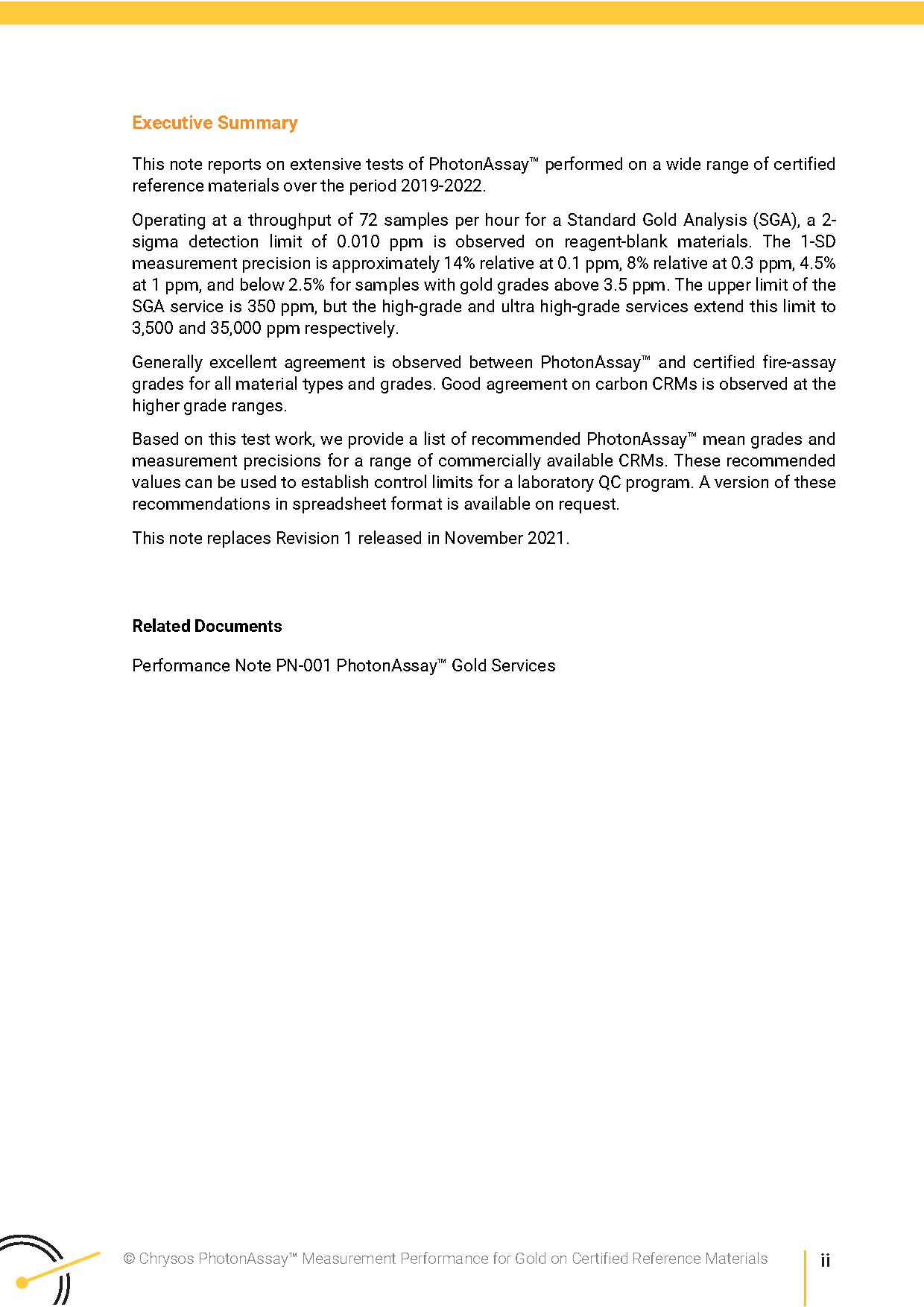 TN-001 Chrysos PhotonAssay™ Measurement Performance for Gold on Certified Reference Materials — page 2