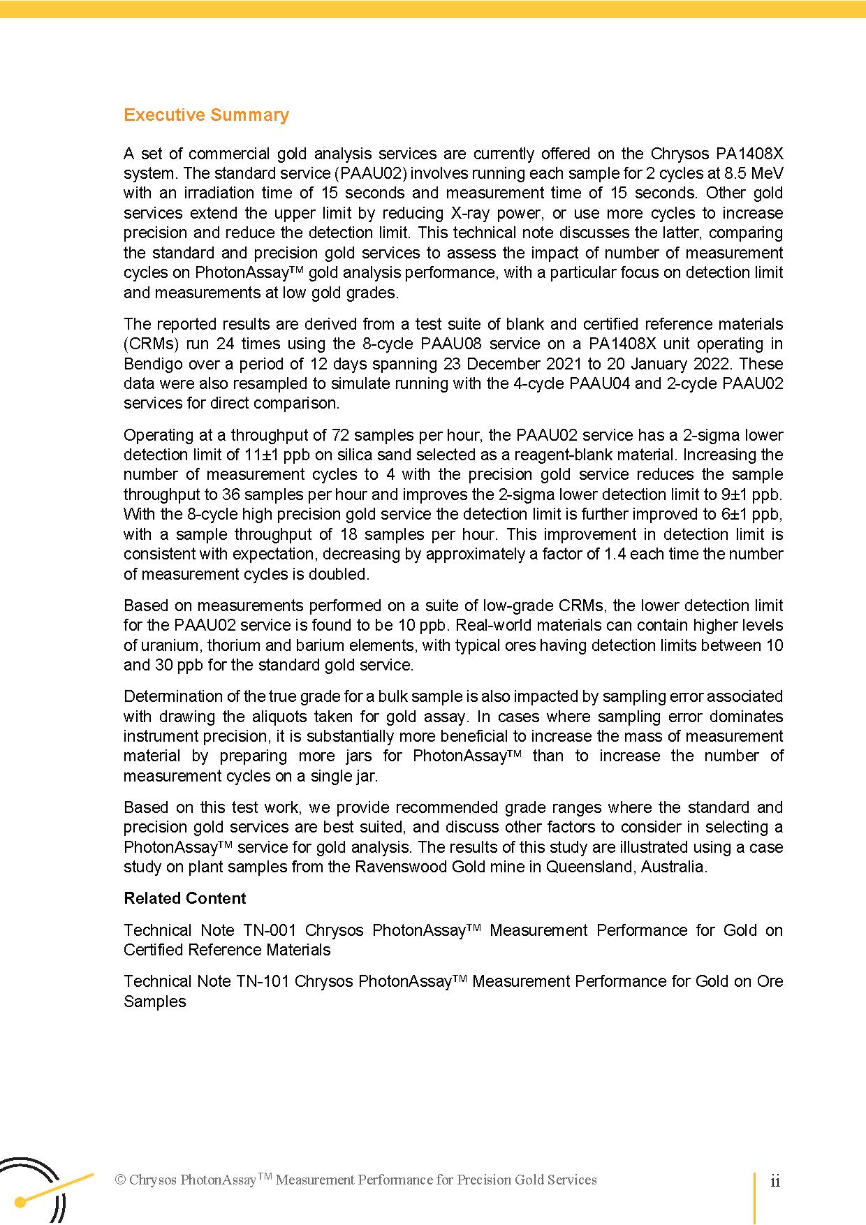 TN-003 Chrysos PhotonAssay™ Measurement Performance for Precision Gold Services — page 2