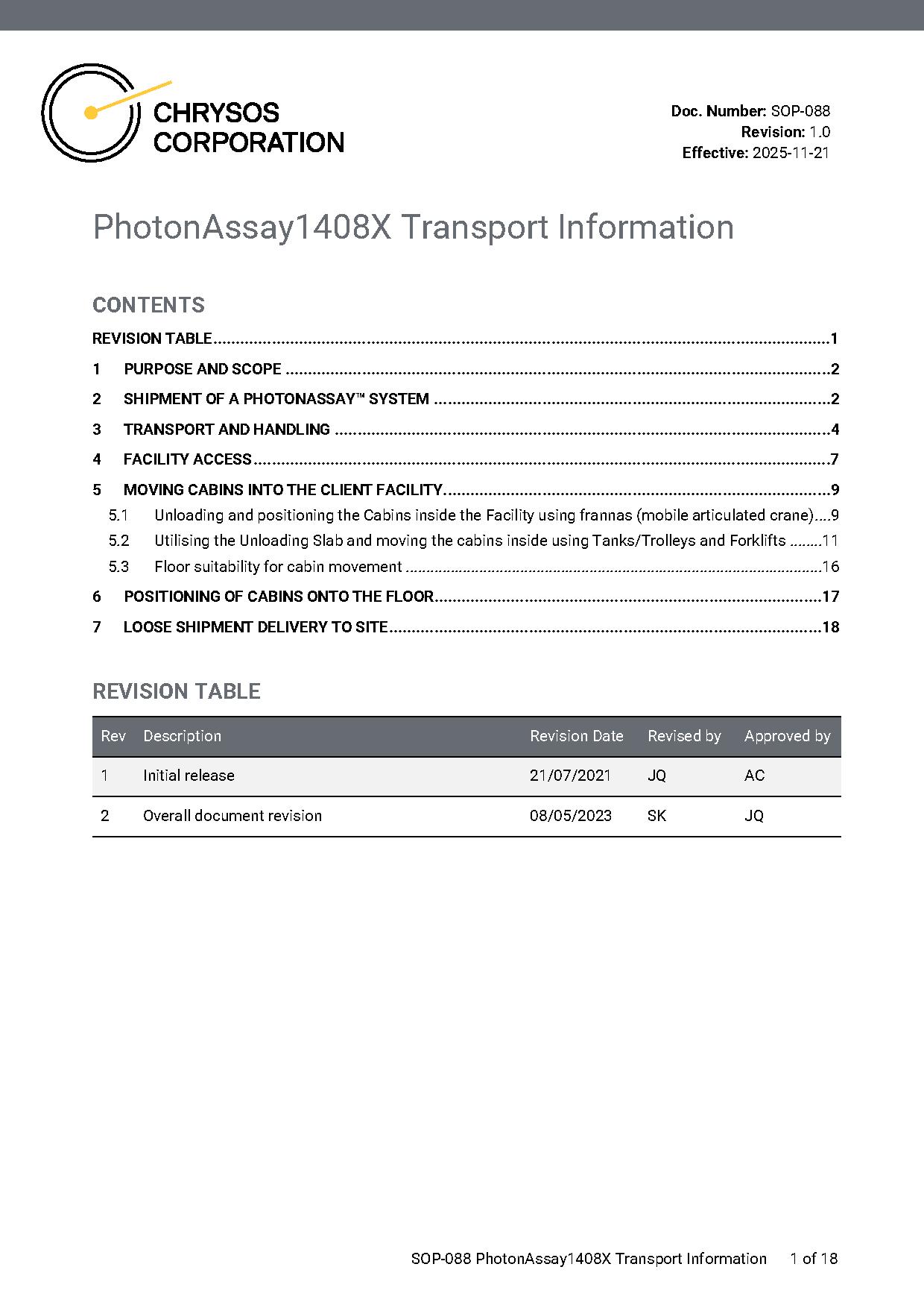 PhotonAssay1408X Transport Information — page 1