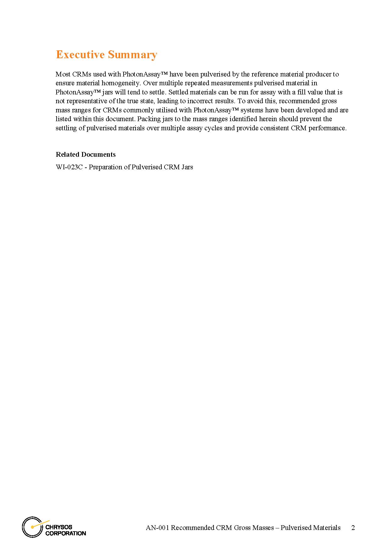 AN-001 Recommended CRM Gross Masses – Pulverised Materials — page 2