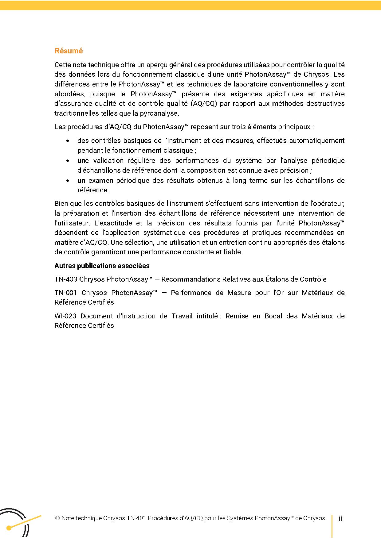 TN-401 Procédures dAQ-CQ pour les Systèmes PhotonAssay™ de Chrysos — page 2